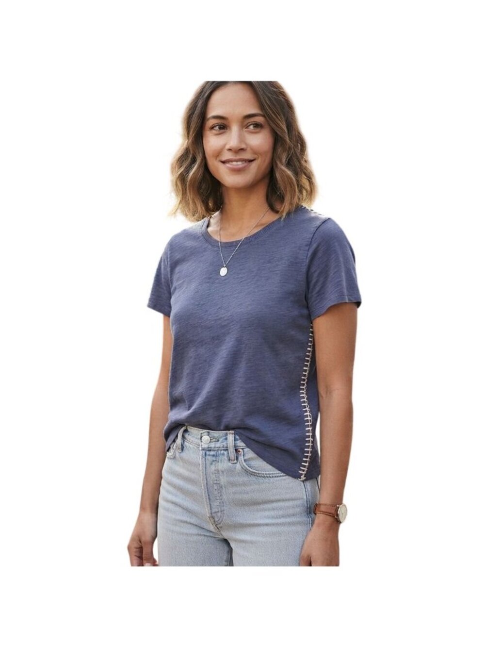 Dylan Blanket Stitch Tee Washed Blue Sustainable Cotton Size S